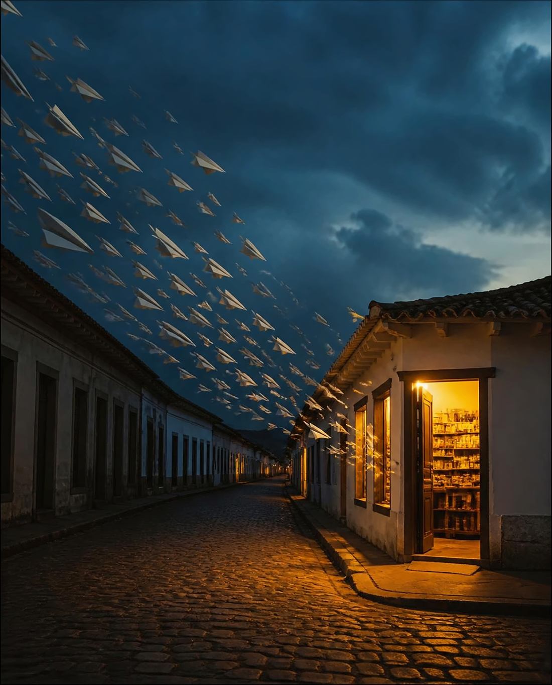 Aviones de papel volando hacia la puerta iluminada de un almacén de barrio