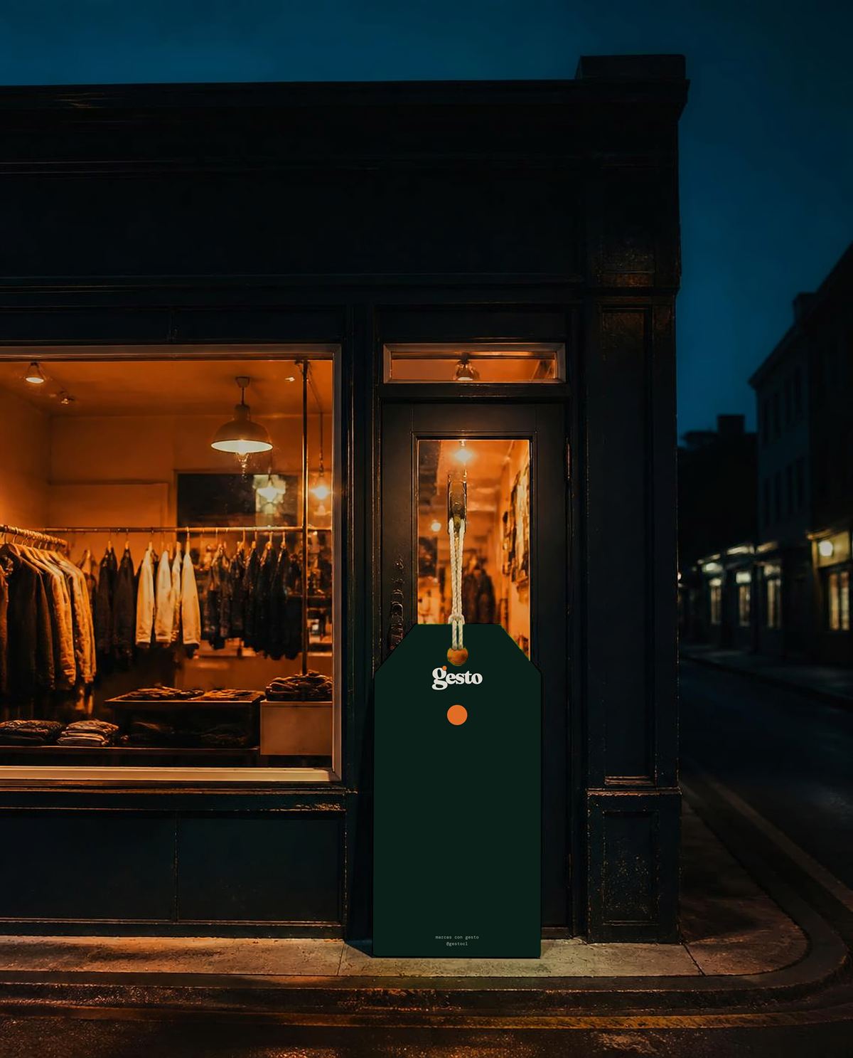 Etiqueta colgante con la marca gesto frente a una tienda iluminada de noche